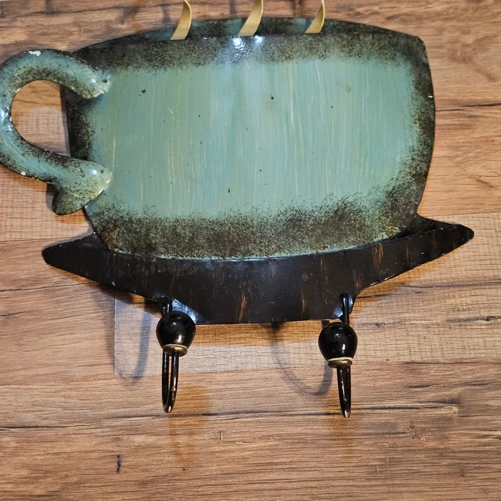 Coffee Cup Wall Decor w/ Hooks, Teal Green‎ Mug Kitchen Home Decoration